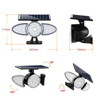 Tiga Kepala 100-400LM 38PCS LED Solar Sensor Wall Light Untuk Pathway