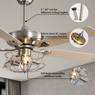 Brushed Nickel 2000LM Five Metal Blade Ceiling Fan Dengan Cahaya 65W