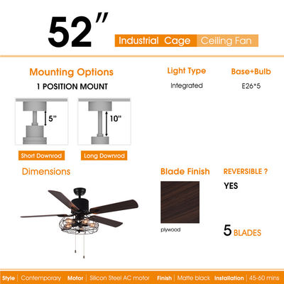 52 Inch Dekoratif 5 Vane 18w Tarik Rantai Ceiling Fan Light