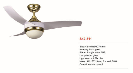 42 Inch Dimmable Remote Control Ceiling Fan 3 Blades ABS Putih Terang