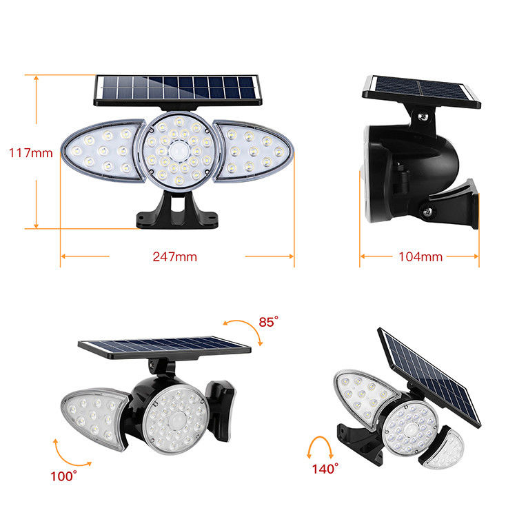 Tiga Kepala 100-400LM 38PCS LED Solar Sensor Wall Light Untuk Pathway